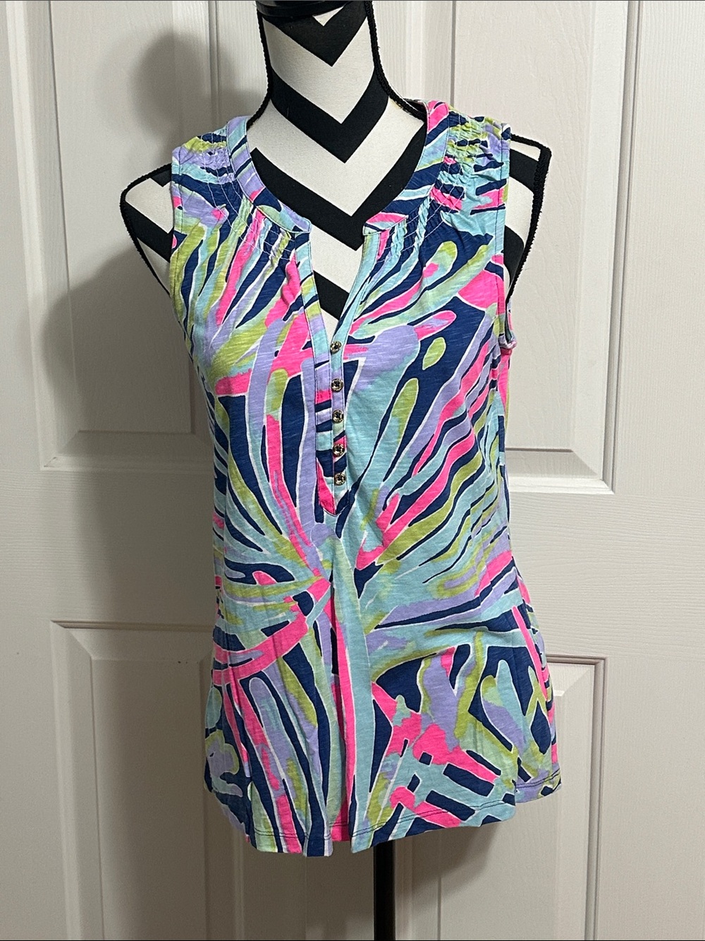 Lilly Pulitzer Sleeveless Henley Top in Navy, Pink, Lime & Light Blue